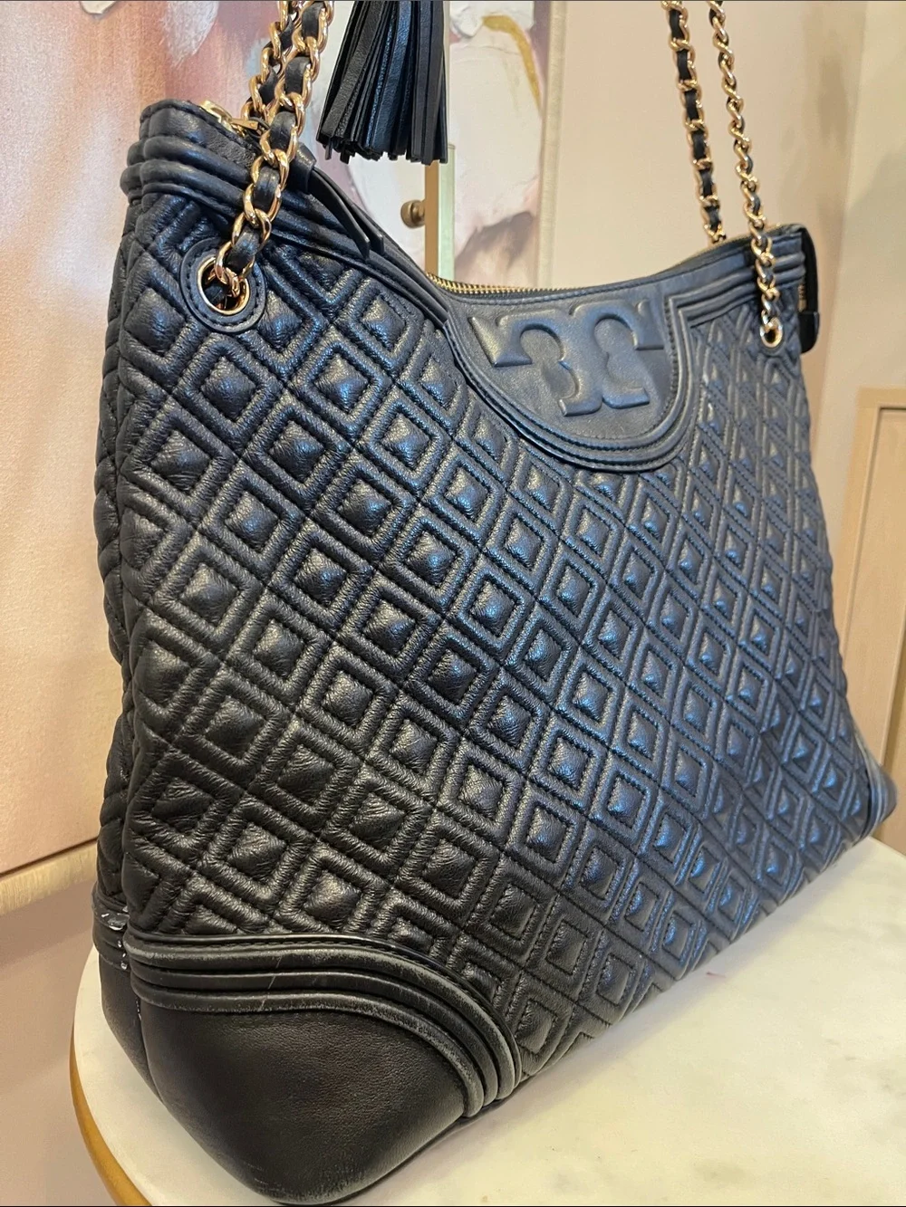 Tory Burch Black Quilted Leather Chain Shoulder Bag with Tassel